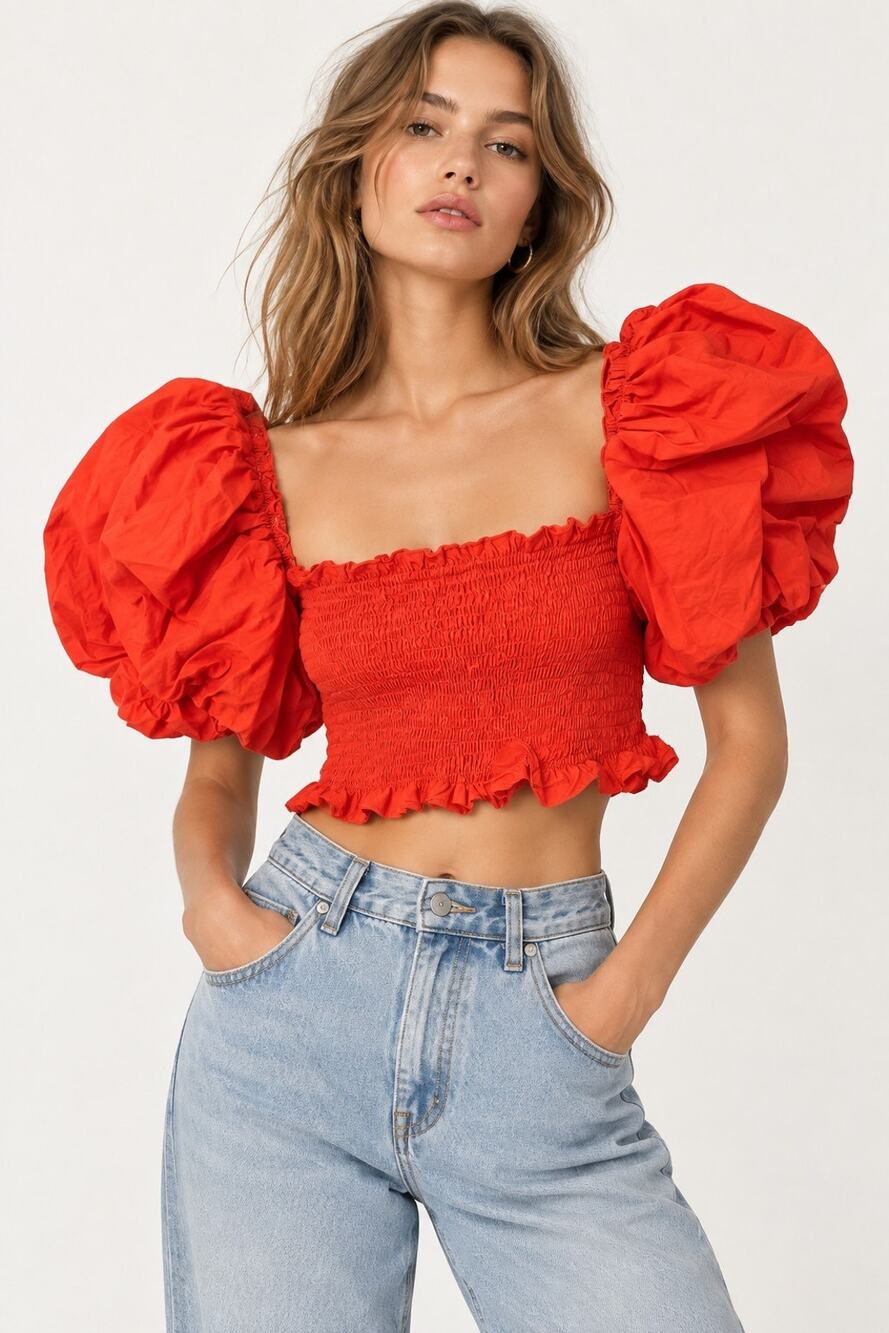 Zara Women’s Red Cotton Smocked Crop Top Puff Sleeve Ruffle Square Neck M